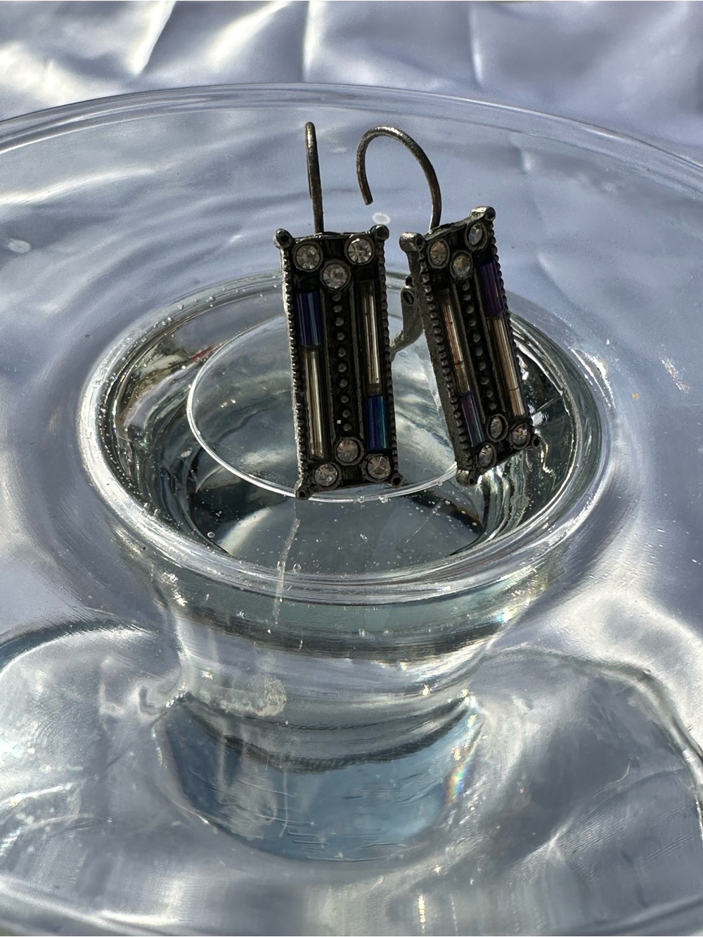 Art Deco Rectangle Drop Earrings with Blue & Crystal Accents